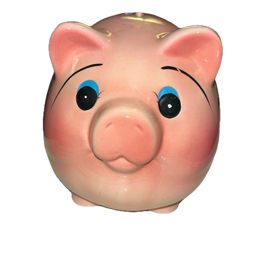 Vintage Mid Century Ceramic Fat Belly Pink Piggy Bank Large Blue Eyes. No Plug.